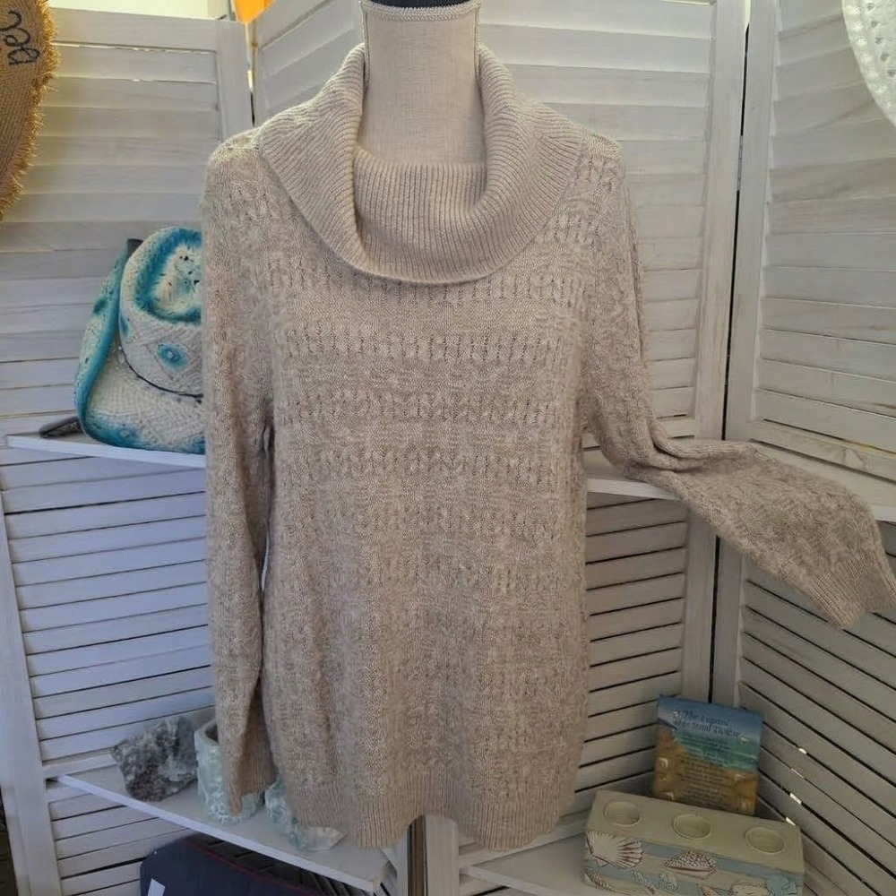 Northcrest Women 1X Oatmeal Beige Cowl Neck Cable Knit Tunic Sweater